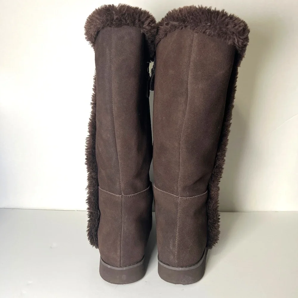 Lands End‎ Womens Dark Brown Leather Suede Faux Fur Lined Tall Winter Boots 8B